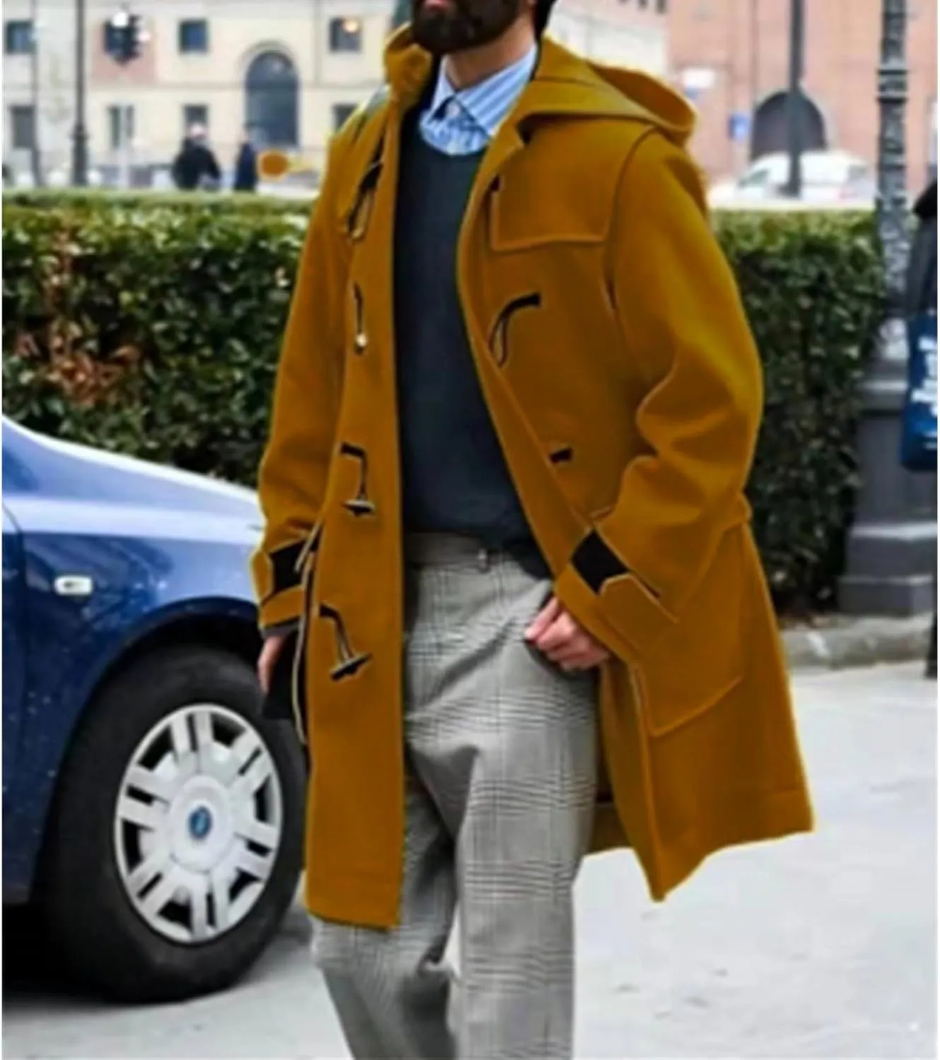 Men's Wool Blend Pea Coats Warm Winter Trench Horn Buckles Windbreaker Hooded Jackets Mid-Length Fashion Overcoats