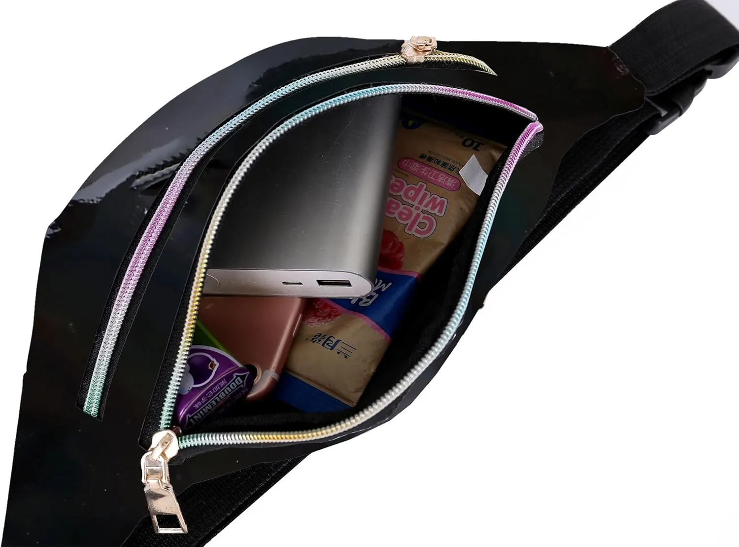 Metallic Color Holographic Fanny Pack Shiny Waist Packs Waterproof Belt Bag with Adjustable Belt for Women Men (Black)