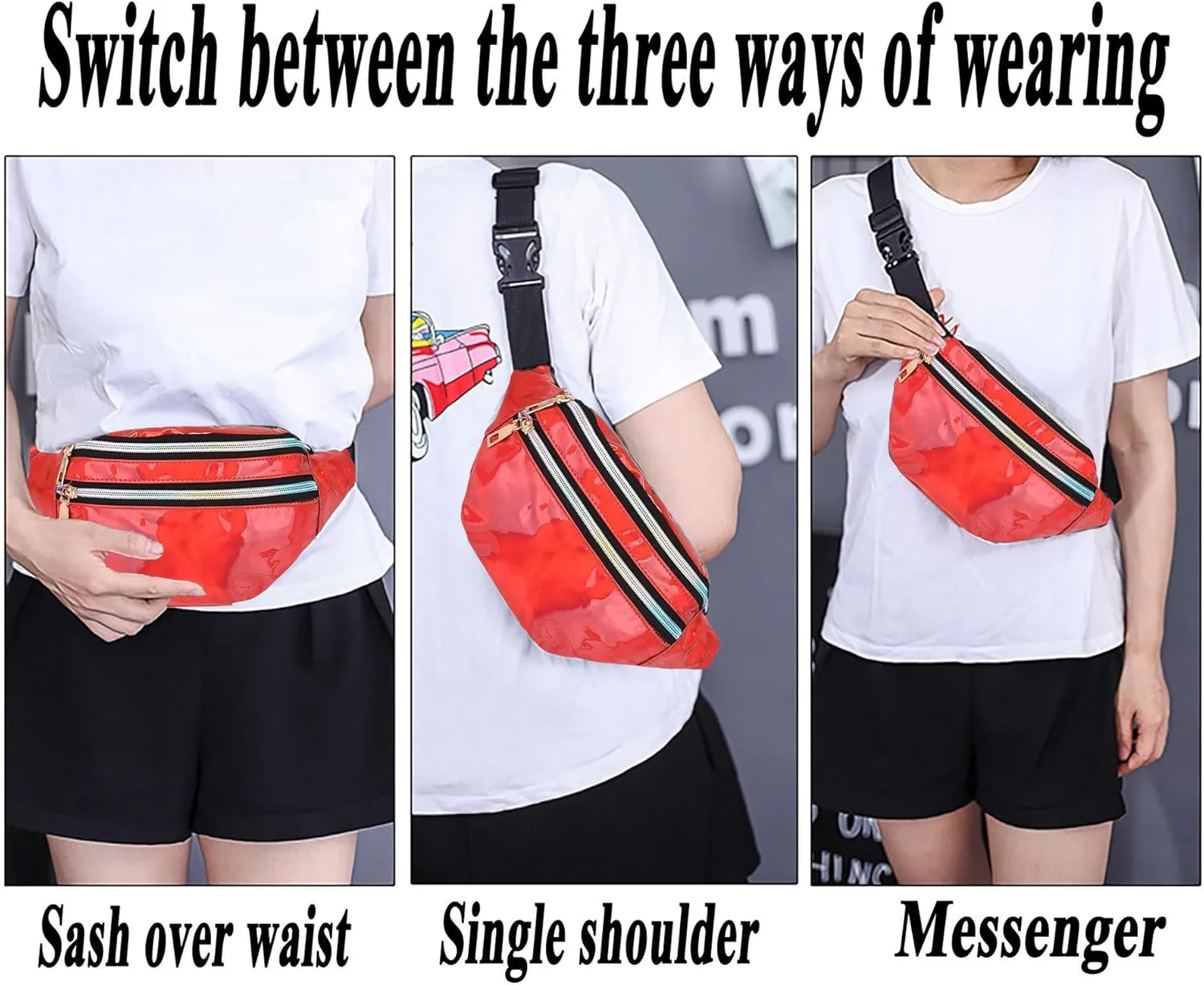 Metallic Color Holographic Fanny Pack Shiny Waist Packs Waterproof Belt Bag with Adjustable Belt for Women Men (Red)