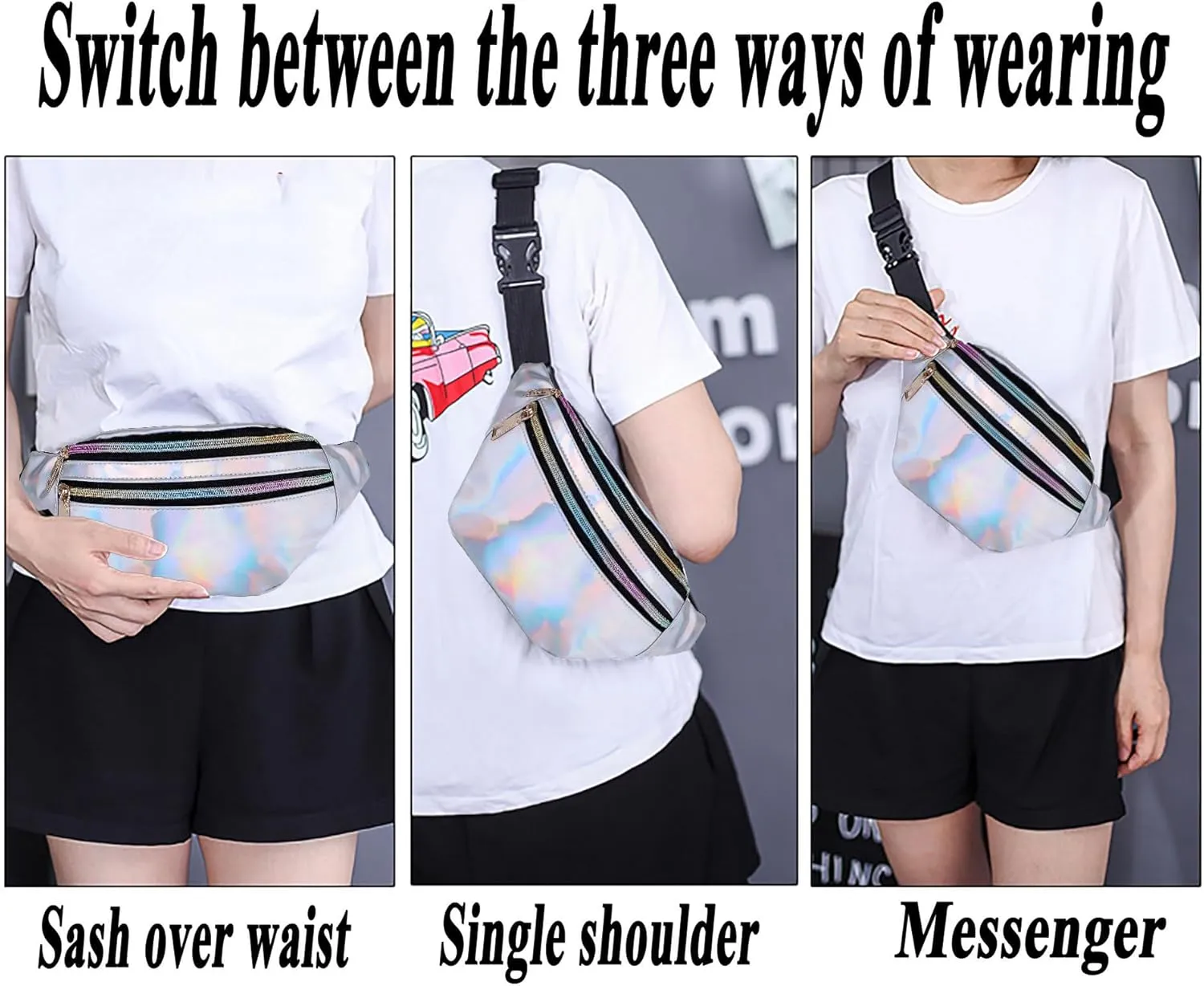 Metallic Color Holographic Fanny Pack Shiny Waist Packs Waterproof Belt Bag with Adjustable Belt for Women Men (Silver)
