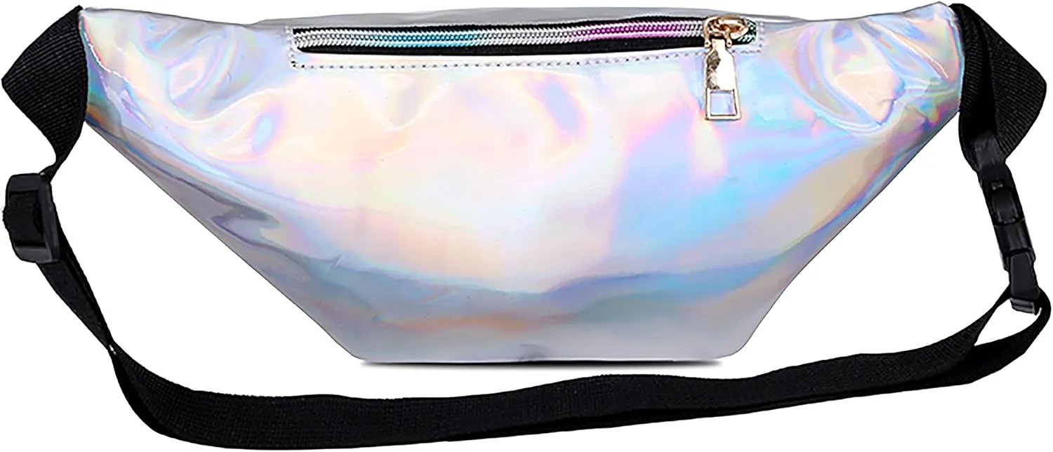 Metallic Color Holographic Fanny Pack Shiny Waist Packs Waterproof Belt Bag with Adjustable Belt for Women Men (Silver)