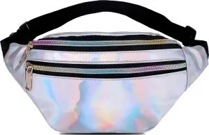 Metallic Color Holographic Fanny Pack Shiny Waist Packs Waterproof Belt Bag with Adjustable Belt for Women Men (Silver)