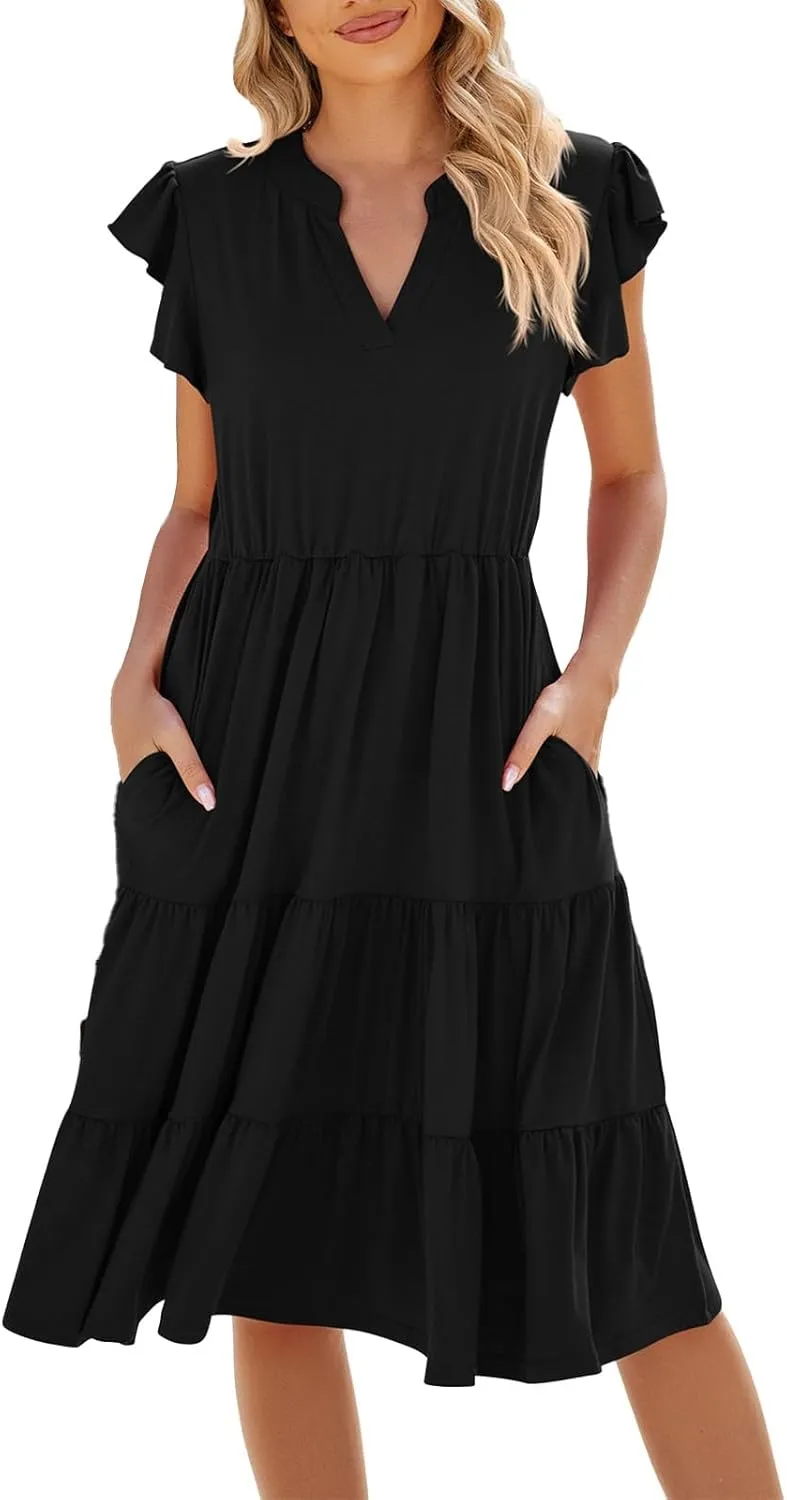 Midi Dresses for Women 2024 Summer V Neck Tiered Ruffle Sleeve Midi Dress Casual Flowy Sundress with Pockets