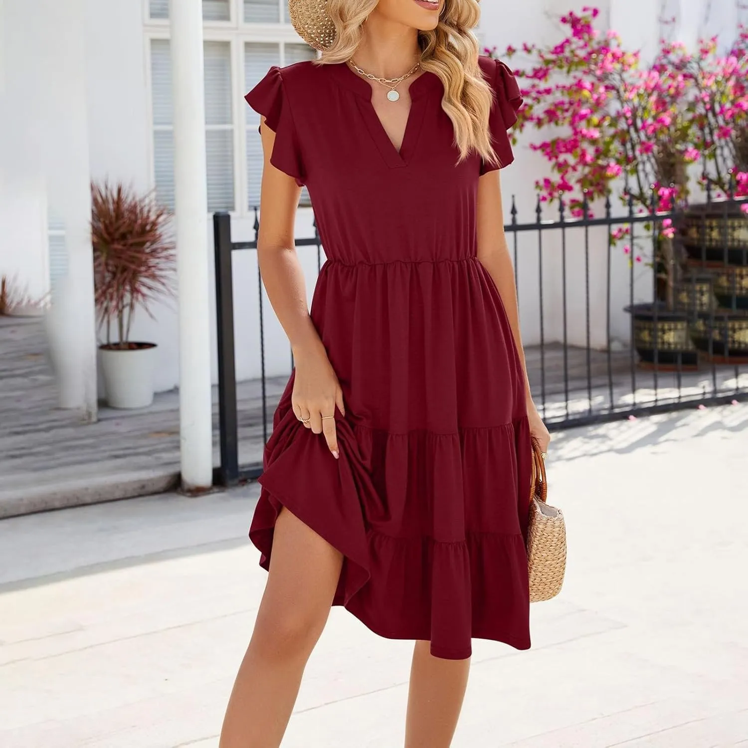Midi Dresses for Women 2024 Summer V Neck Tiered Ruffle Sleeve Midi Dress Casual Flowy Sundress with Pockets