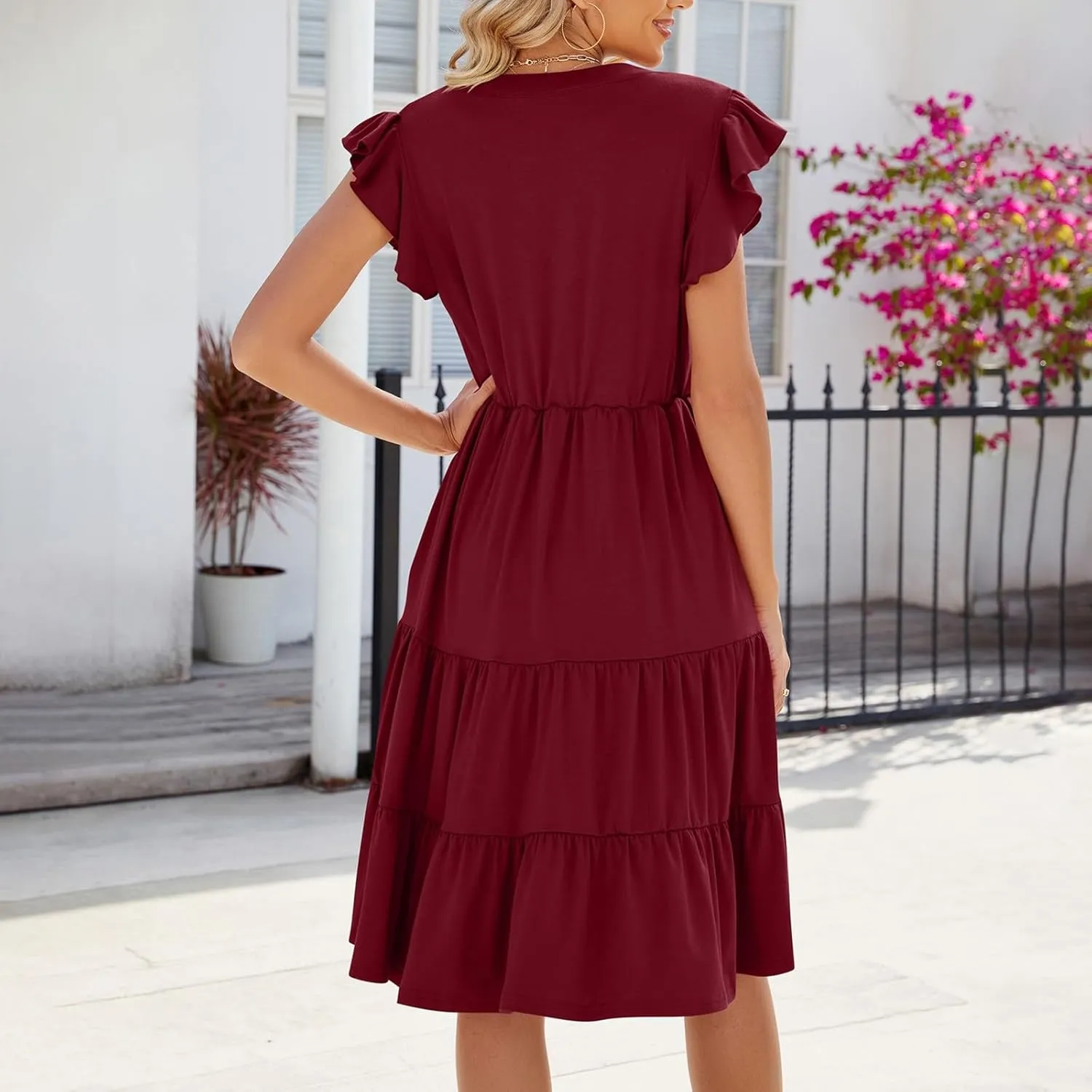 Midi Dresses for Women 2024 Summer V Neck Tiered Ruffle Sleeve Midi Dress Casual Flowy Sundress with Pockets