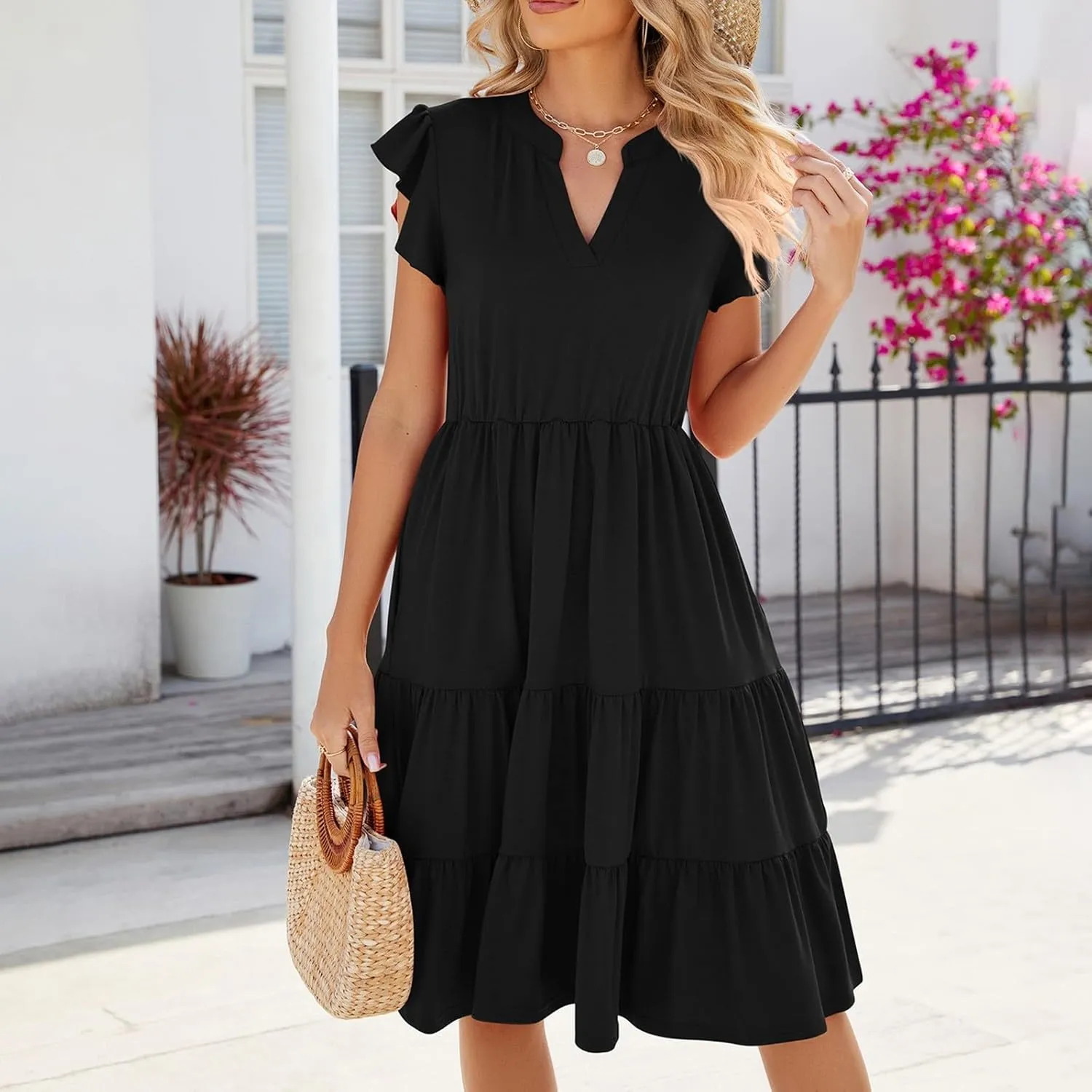 Midi Dresses for Women 2024 Summer V Neck Tiered Ruffle Sleeve Midi Dress Casual Flowy Sundress with Pockets