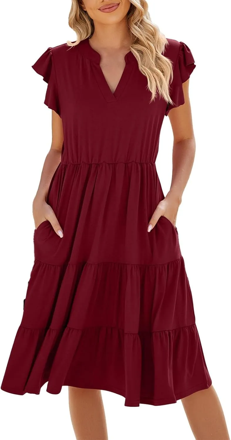 Midi Dresses for Women 2024 Summer V Neck Tiered Ruffle Sleeve Midi Dress Casual Flowy Sundress with Pockets