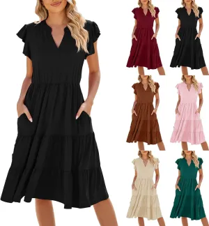 Midi Dresses for Women 2024 Summer V Neck Tiered Ruffle Sleeve Midi Dress Casual Flowy Sundress with Pockets