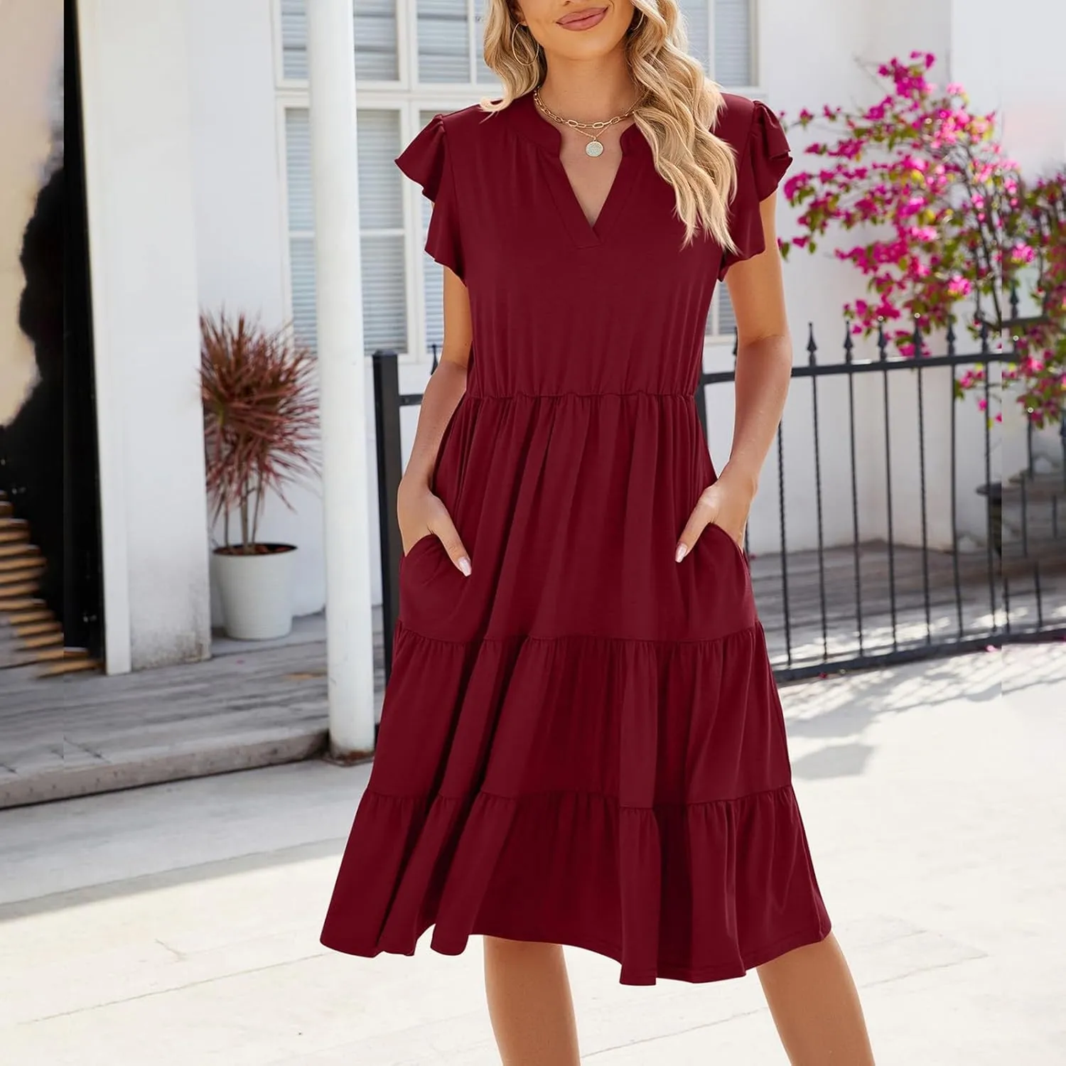 Midi Dresses for Women 2024 Summer V Neck Tiered Ruffle Sleeve Midi Dress Casual Flowy Sundress with Pockets