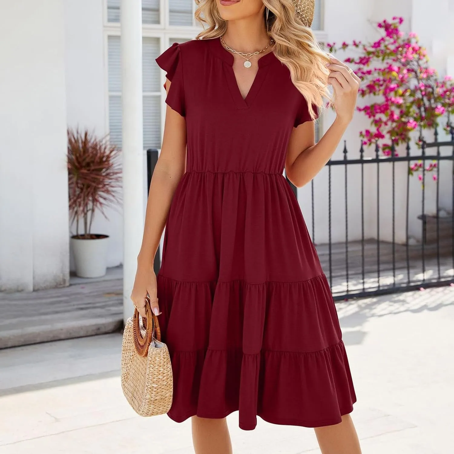 Midi Dresses for Women 2024 Summer V Neck Tiered Ruffle Sleeve Midi Dress Casual Flowy Sundress with Pockets