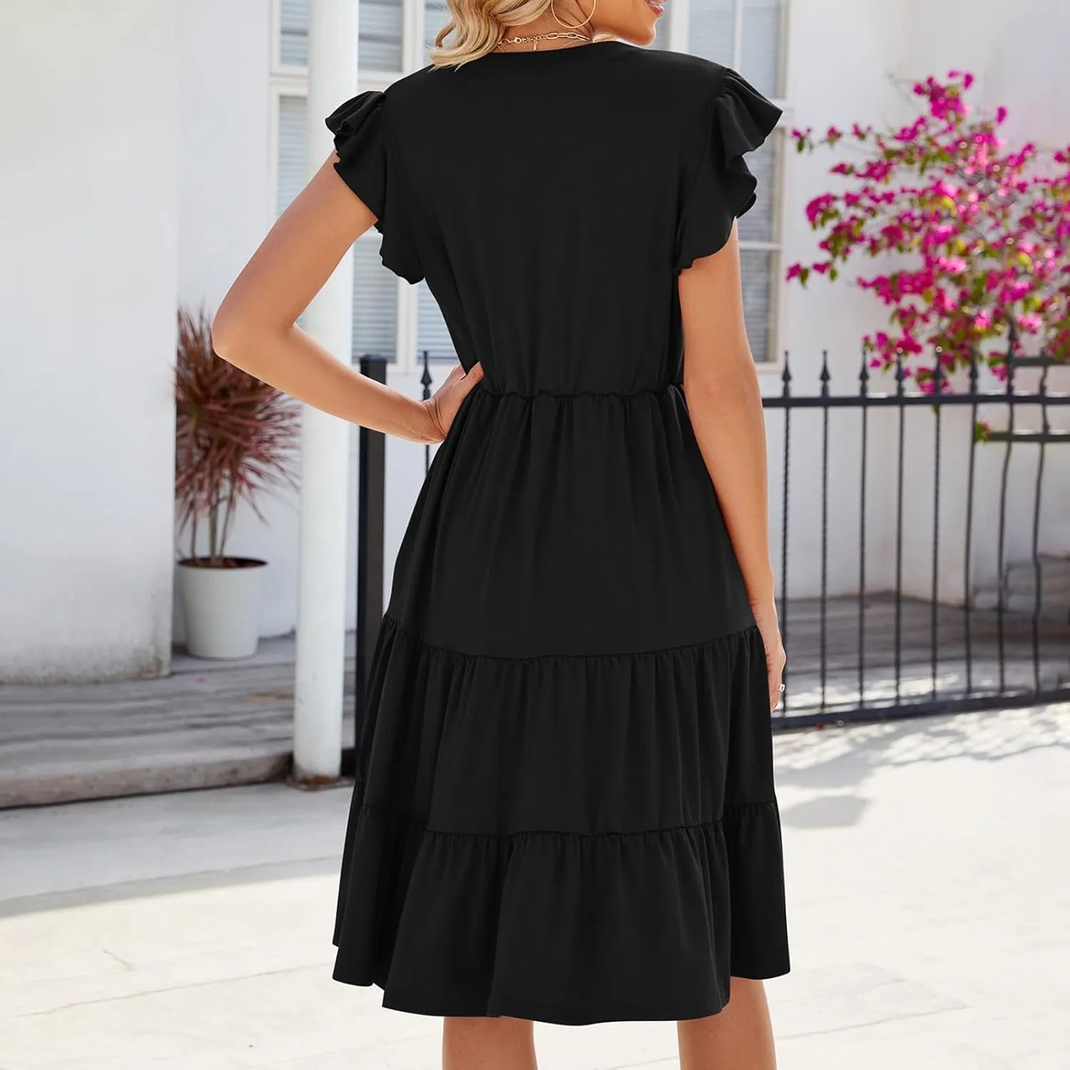 Midi Dresses for Women 2024 Summer V Neck Tiered Ruffle Sleeve Midi Dress Casual Flowy Sundress with Pockets