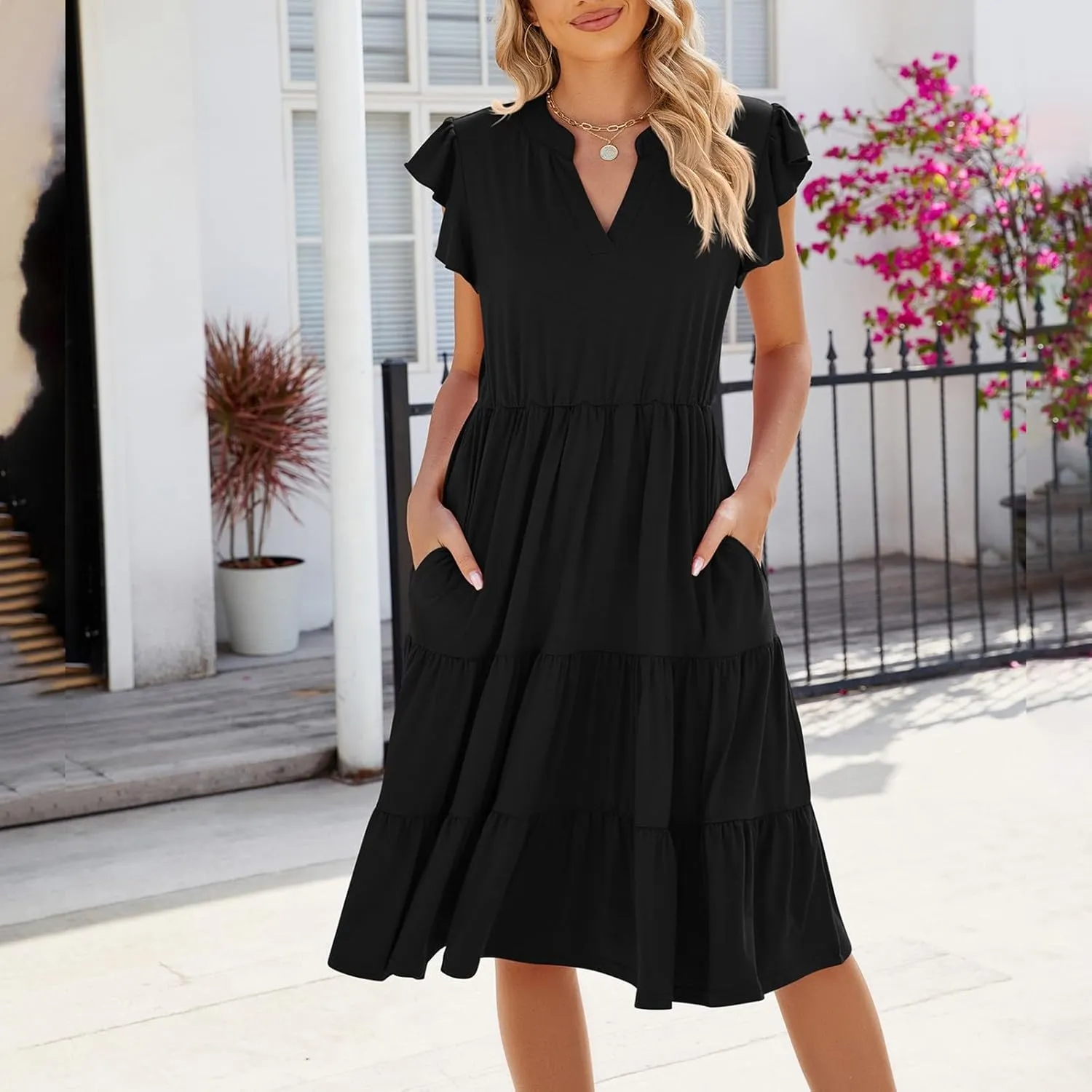 Midi Dresses for Women 2024 Summer V Neck Tiered Ruffle Sleeve Midi Dress Casual Flowy Sundress with Pockets