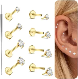 MILACOLATO G23 Titanium Threadless Flat Back Earrings Studs Hypoallergenic 14K Gold Filled Nose Rings Studs 20G/18G/16G Labret Studs Lip Ring Push in Helix Tragus Medusa Monroe Piercing Jewelry