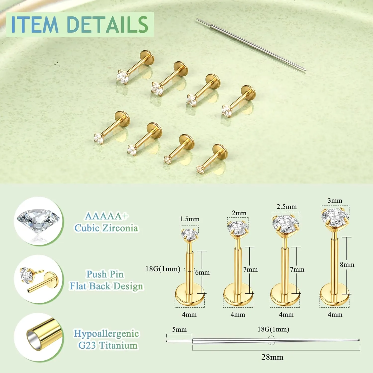 MILACOLATO G23 Titanium Threadless Flat Back Earrings Studs Hypoallergenic 14K Gold Filled Nose Rings Studs 20G/18G/16G Labret Studs Lip Ring Push in Helix Tragus Medusa Monroe Piercing Jewelry