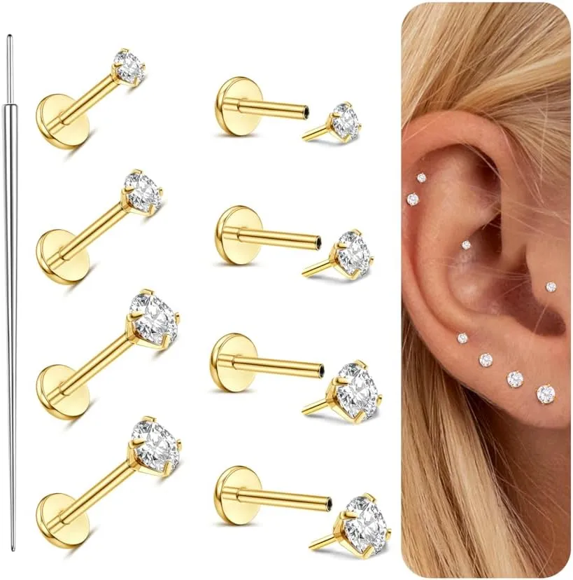 MILACOLATO G23 Titanium Threadless Flat Back Earrings Studs Hypoallergenic 14K Gold Filled Nose Rings Studs 20G/18G/16G Labret Studs Lip Ring Push in Helix Tragus Medusa Monroe Piercing Jewelry