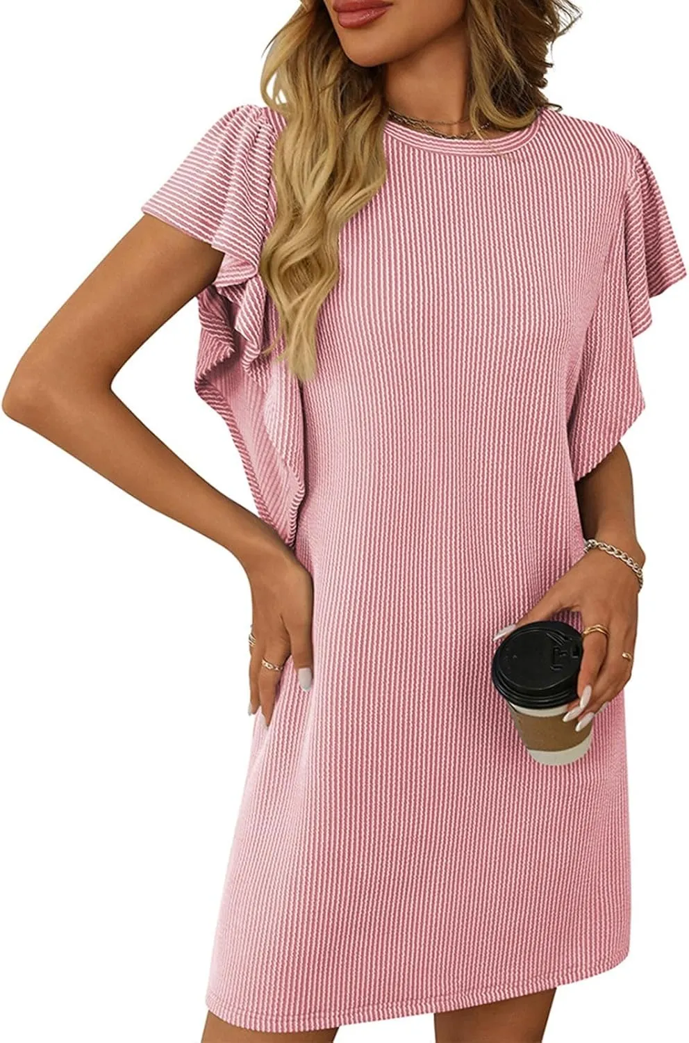Mini Dresses for Women Sleeveless Ruffle Sleeve Crew Neck Shift Dress Elegant Casual Ribbed Summer Tunic Tshirt Dress