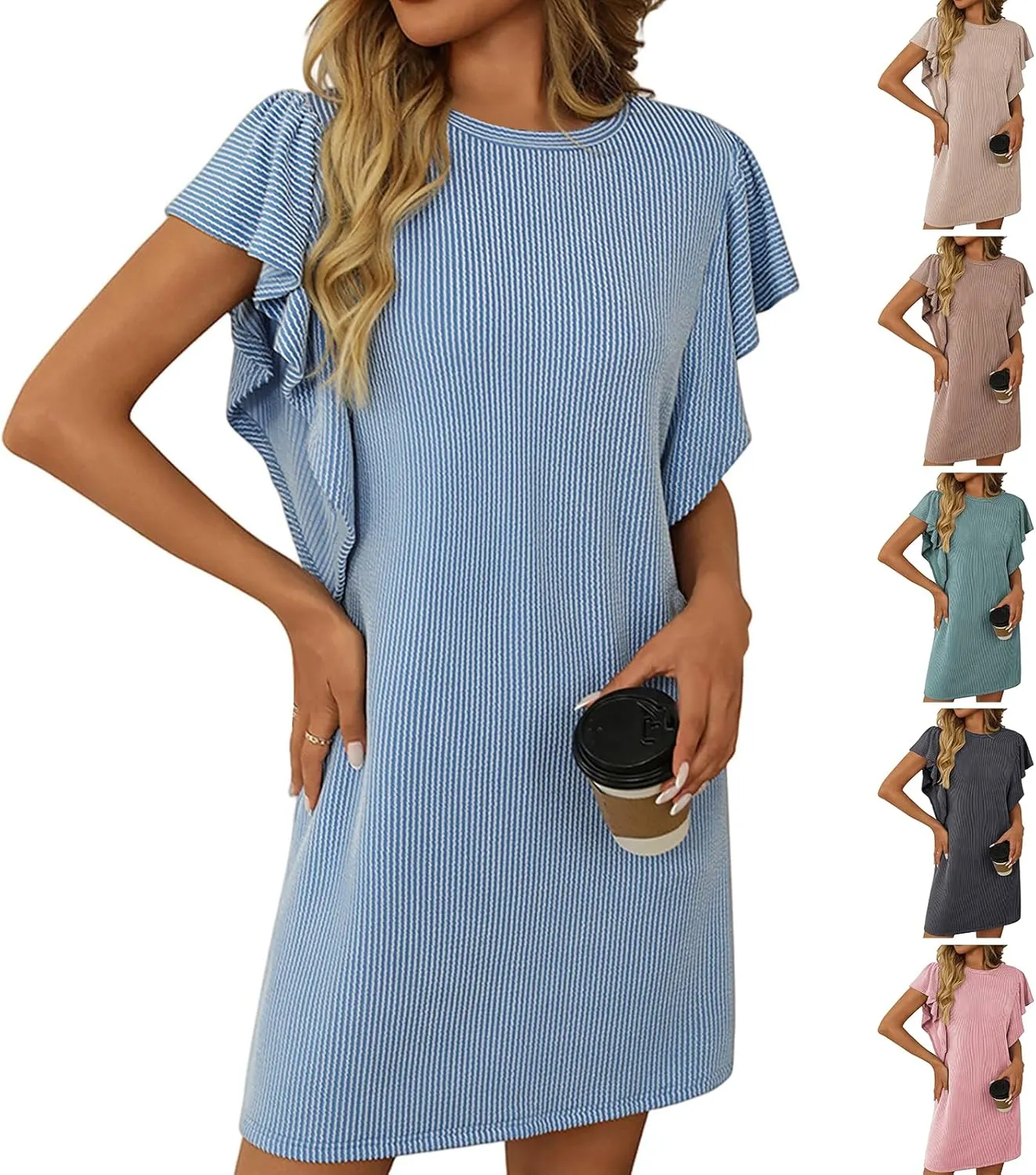 Mini Dresses for Women Sleeveless Ruffle Sleeve Crew Neck Shift Dress Elegant Casual Ribbed Summer Tunic Tshirt Dress