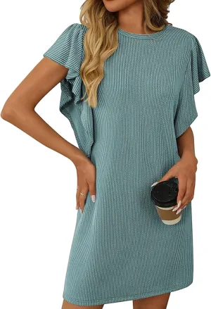Mini Dresses for Women Sleeveless Ruffle Sleeve Crew Neck Shift Dress Elegant Casual Ribbed Summer Tunic Tshirt Dress