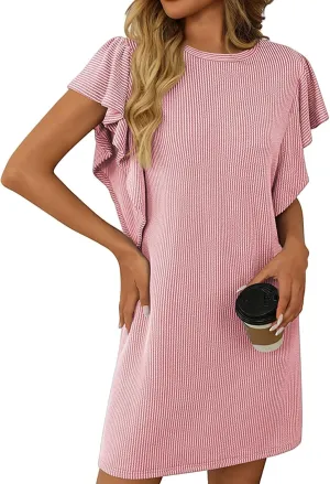 Mini Dresses for Women Sleeveless Ruffle Sleeve Crew Neck Shift Dress Elegant Casual Ribbed Summer Tunic Tshirt Dress