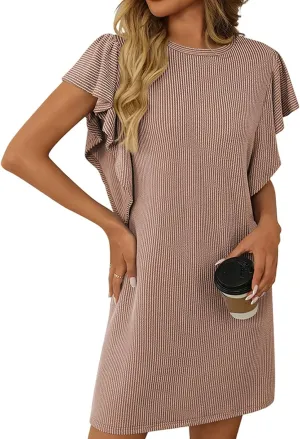 Mini Dresses for Women Sleeveless Ruffle Sleeve Crew Neck Shift Dress Elegant Casual Ribbed Summer Tunic Tshirt Dress