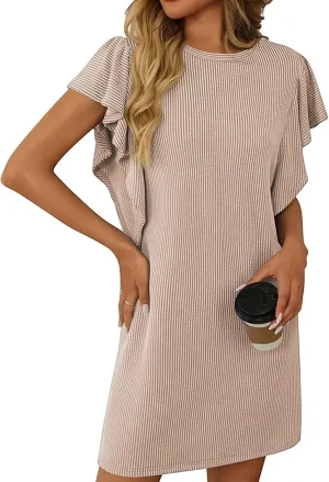 Mini Dresses for Women Sleeveless Ruffle Sleeve Crew Neck Shift Dress Elegant Casual Ribbed Summer Tunic Tshirt Dress