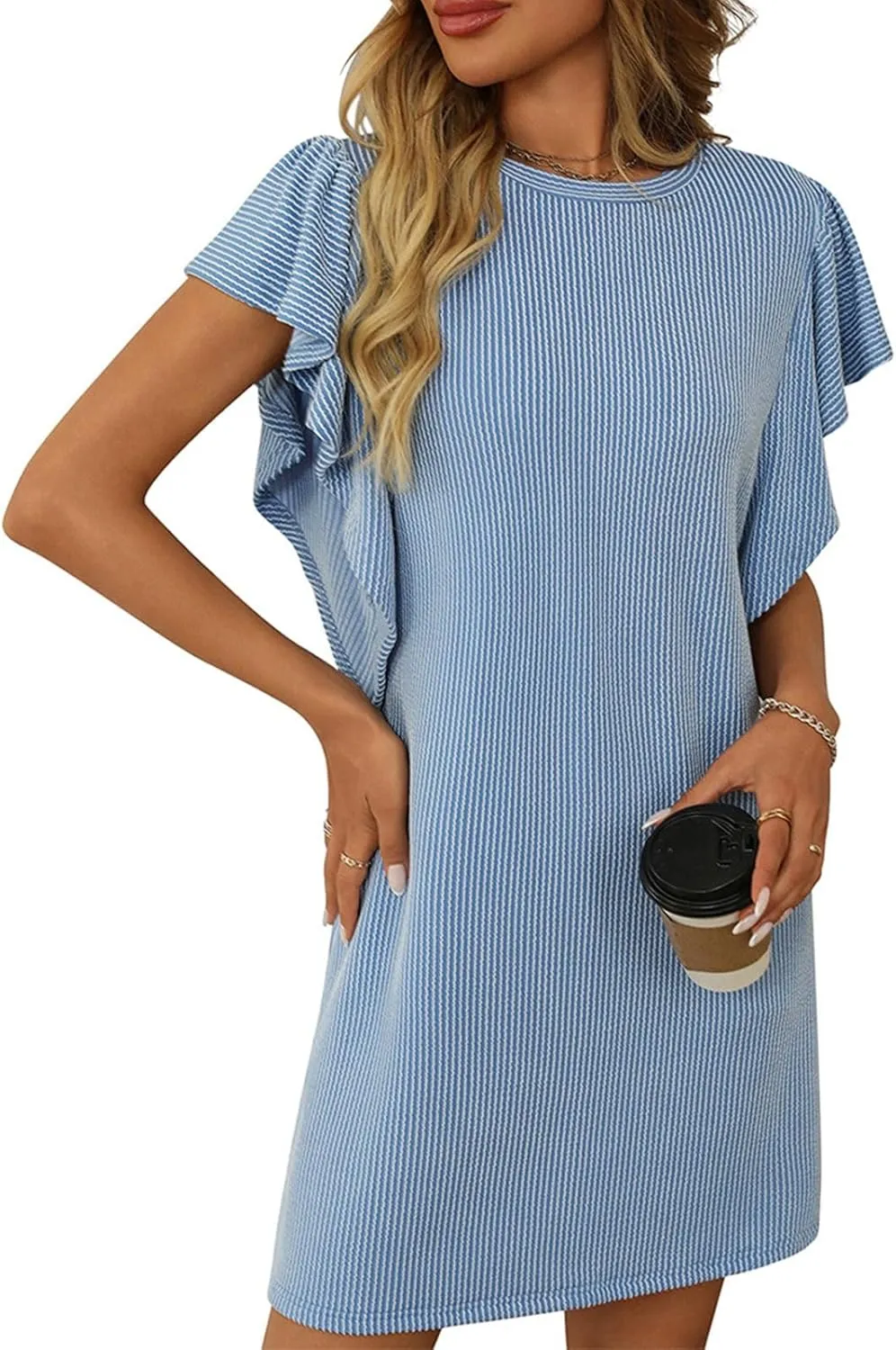 Mini Dresses for Women Sleeveless Ruffle Sleeve Crew Neck Shift Dress Elegant Casual Ribbed Summer Tunic Tshirt Dress