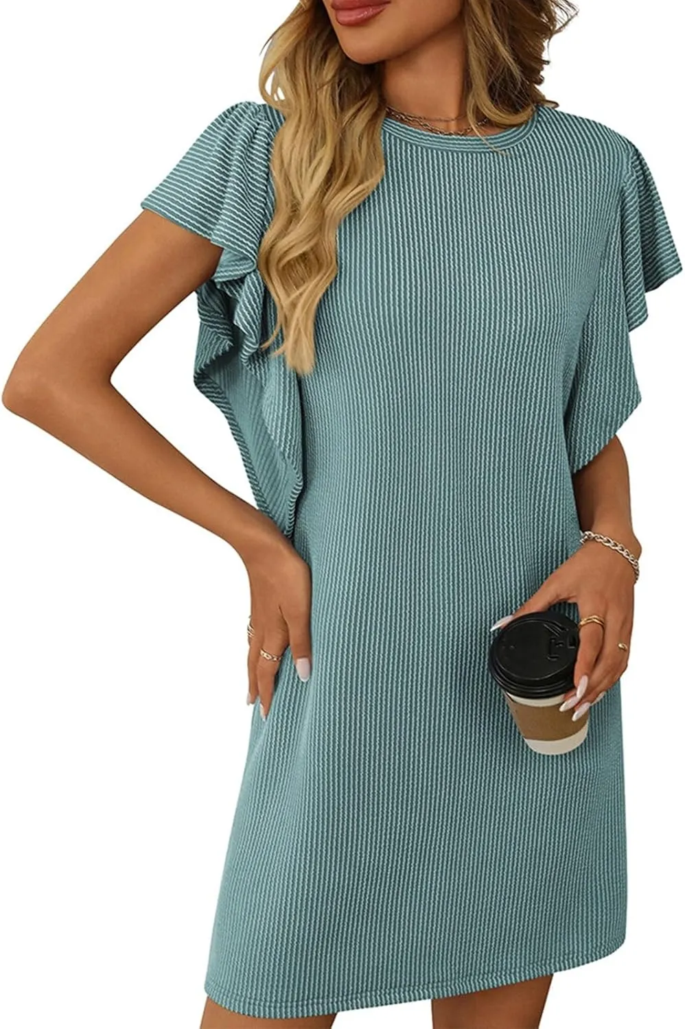 Mini Dresses for Women Sleeveless Ruffle Sleeve Crew Neck Shift Dress Elegant Casual Ribbed Summer Tunic Tshirt Dress