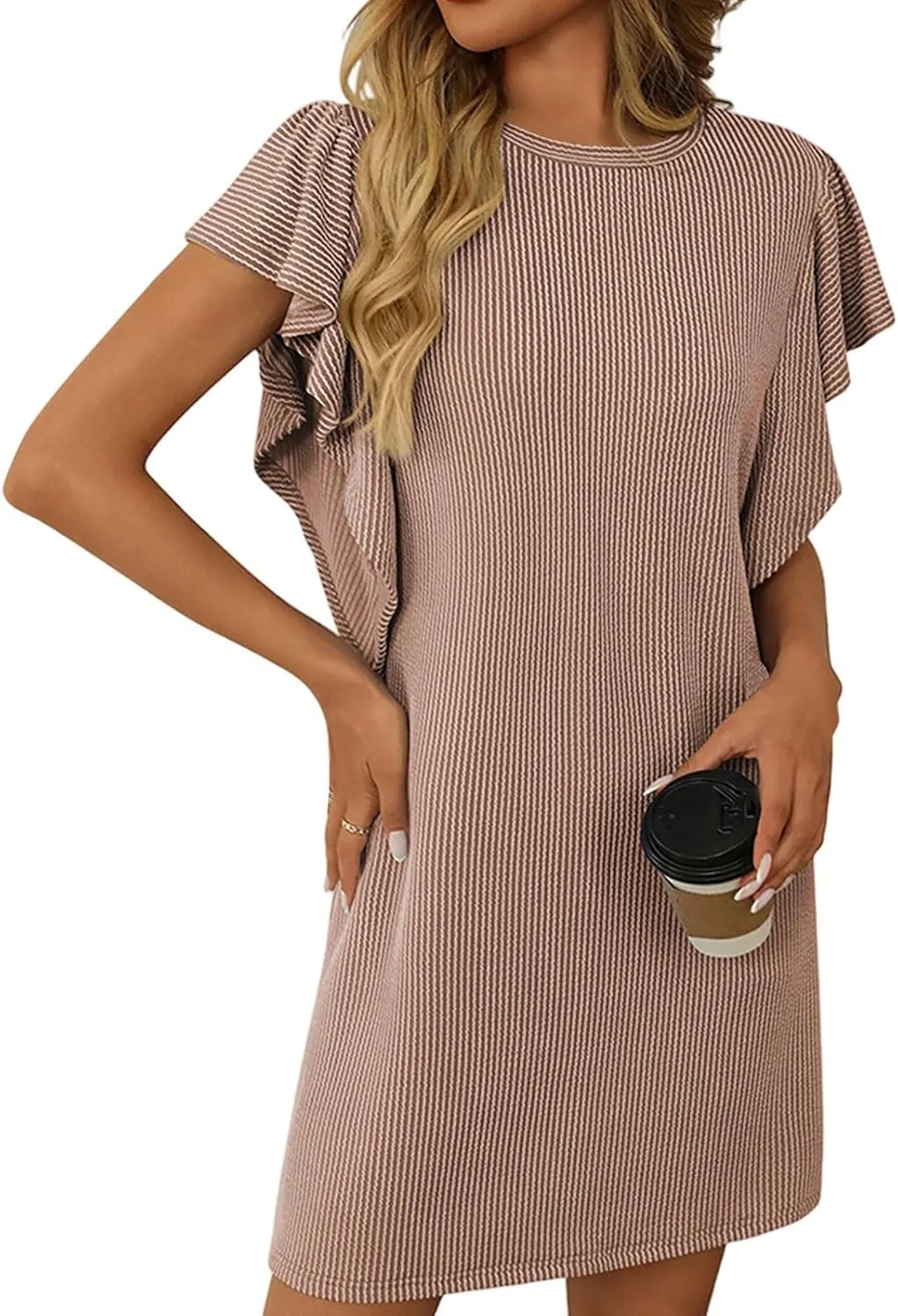 Mini Dresses for Women Sleeveless Ruffle Sleeve Crew Neck Shift Dress Elegant Casual Ribbed Summer Tunic Tshirt Dress