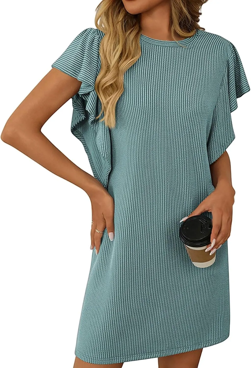 Mini Dresses for Women Sleeveless Ruffle Sleeve Crew Neck Shift Dress Elegant Casual Ribbed Summer Tunic Tshirt Dress