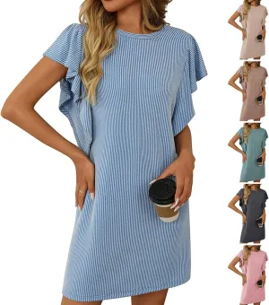 Mini Dresses for Women Sleeveless Ruffle Sleeve Crew Neck Shift Dress Elegant Casual Ribbed Summer Tunic Tshirt Dress