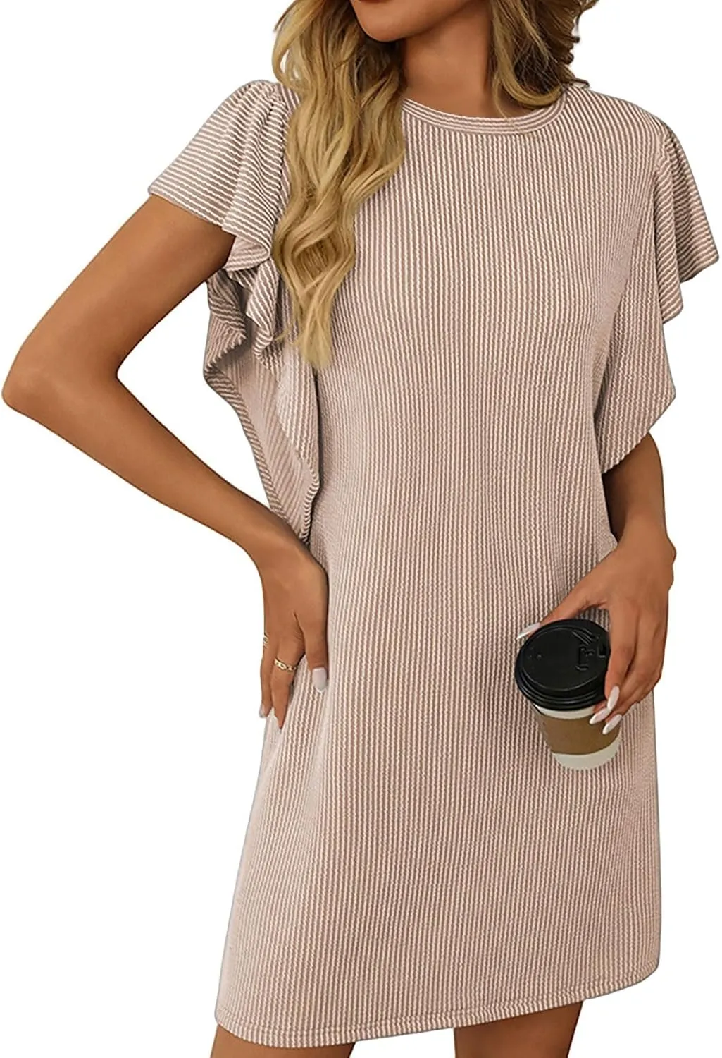 Mini Dresses for Women Sleeveless Ruffle Sleeve Crew Neck Shift Dress Elegant Casual Ribbed Summer Tunic Tshirt Dress