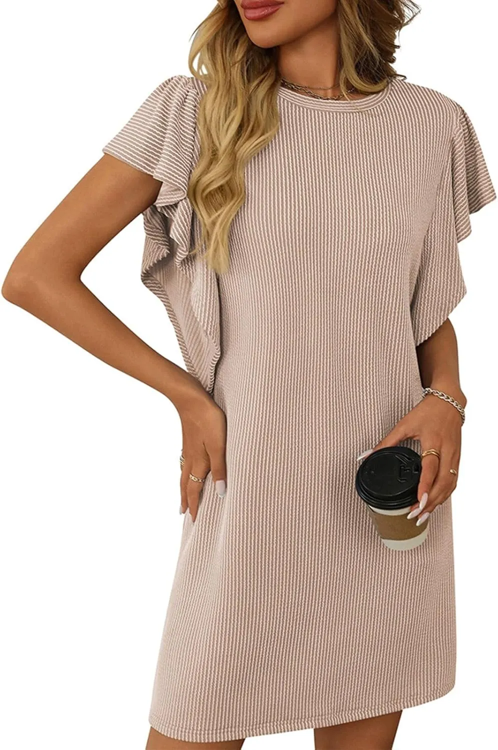 Mini Dresses for Women Sleeveless Ruffle Sleeve Crew Neck Shift Dress Elegant Casual Ribbed Summer Tunic Tshirt Dress