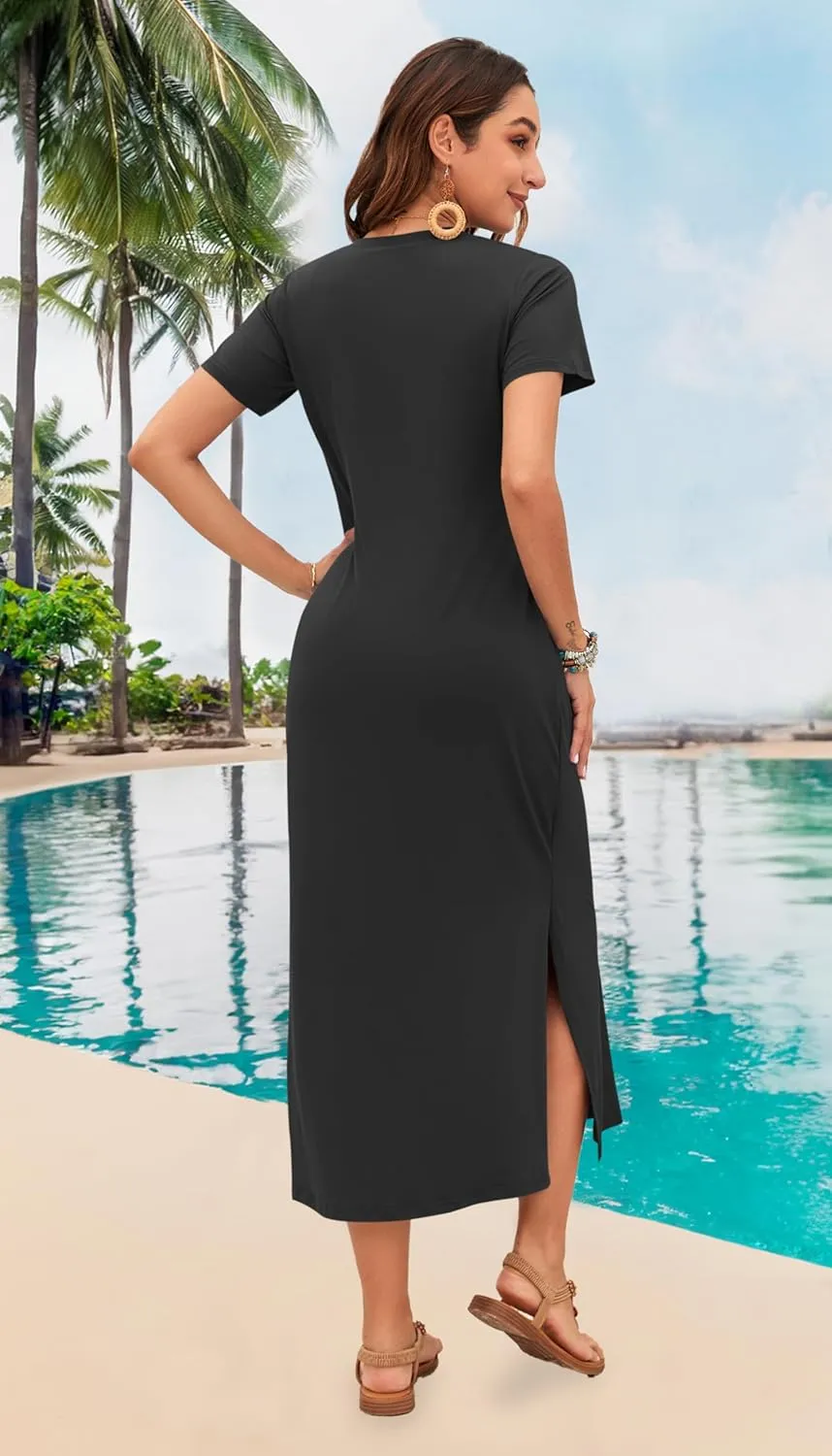 MISFAY Women Summer Midi Dresses Casual Loose Short Sleeve Dress Split Maxi Beach Sundress Travel Vacation Dress with Pockets