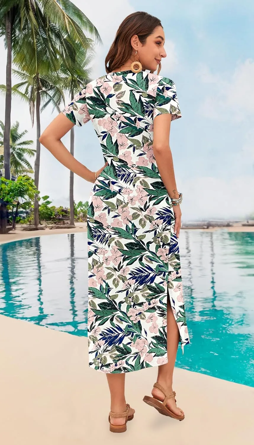 MISFAY Women Summer Midi Dresses Casual Loose Short Sleeve Dress Split Maxi Beach Sundress Travel Vacation Dress with Pockets