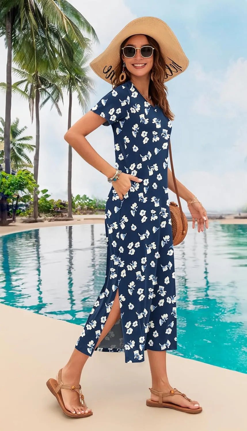 MISFAY Women Summer Midi Dresses Casual Loose Short Sleeve Dress Split Maxi Beach Sundress Travel Vacation Dress with Pockets