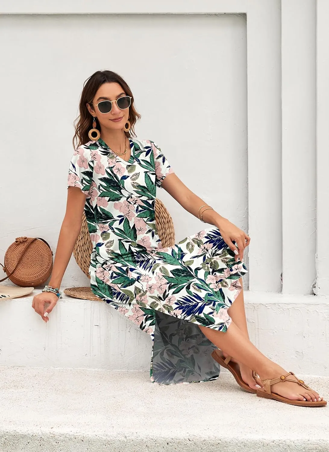 MISFAY Women Summer Midi Dresses Casual Loose Short Sleeve Dress Split Maxi Beach Sundress Travel Vacation Dress with Pockets