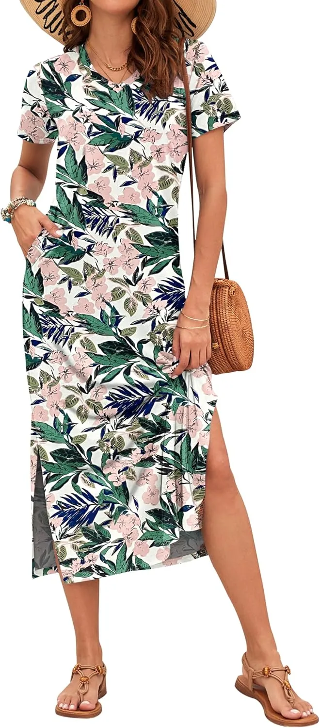 MISFAY Women Summer Midi Dresses Casual Loose Short Sleeve Dress Split Maxi Beach Sundress Travel Vacation Dress with Pockets