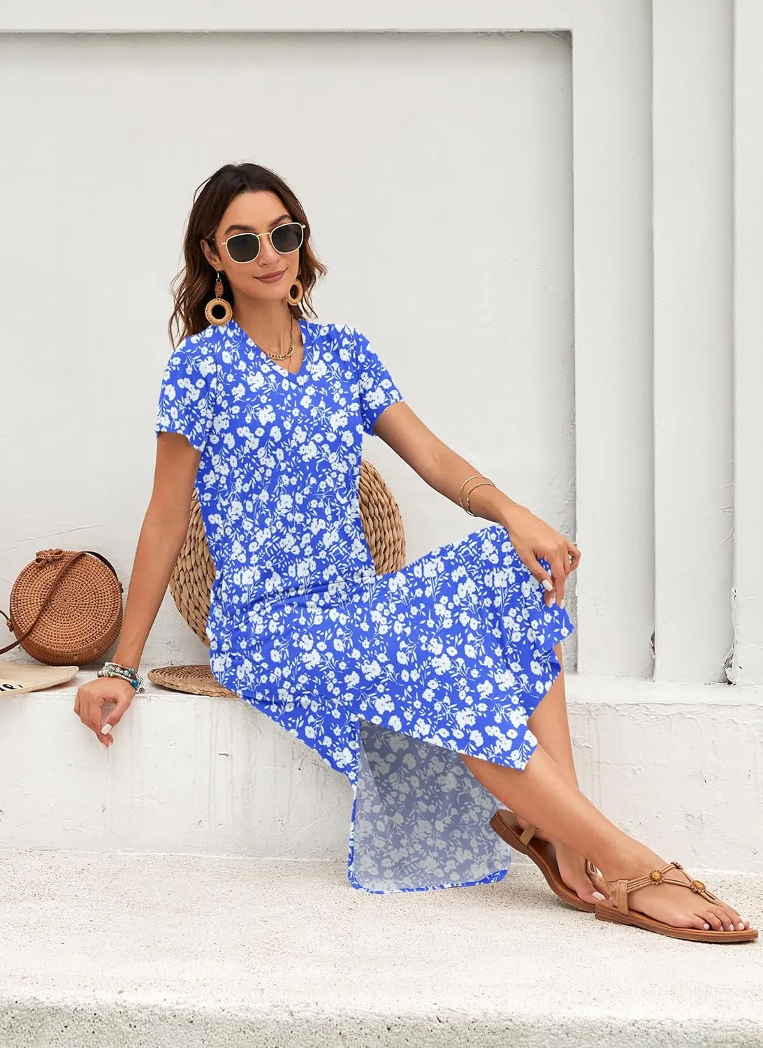 MISFAY Women Summer Midi Dresses Casual Loose Short Sleeve Dress Split Maxi Beach Sundress Travel Vacation Dress with Pockets