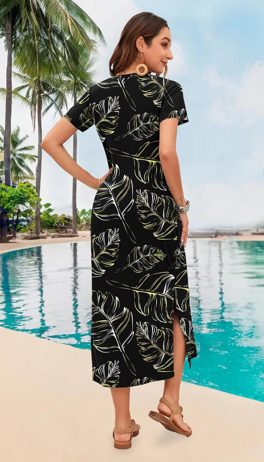 MISFAY Women Summer Midi Dresses Casual Loose Short Sleeve Dress Split Maxi Beach Sundress Travel Vacation Dress with Pockets