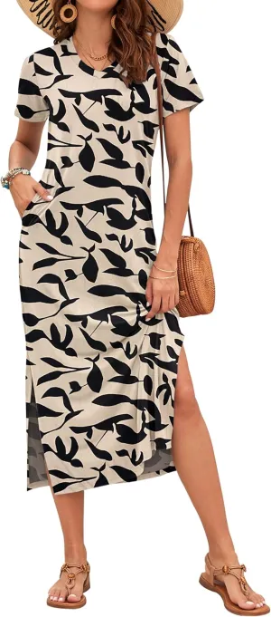 MISFAY Women Summer Midi Dresses Casual Loose Short Sleeve Dress Split Maxi Beach Sundress Travel Vacation Dress with Pockets
