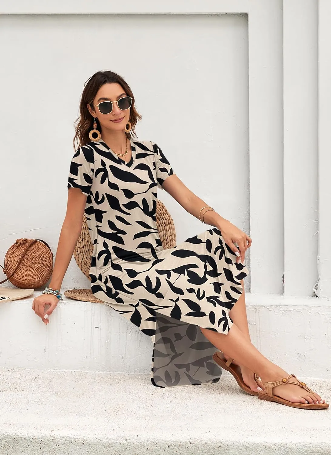 MISFAY Women Summer Midi Dresses Casual Loose Short Sleeve Dress Split Maxi Beach Sundress Travel Vacation Dress with Pockets