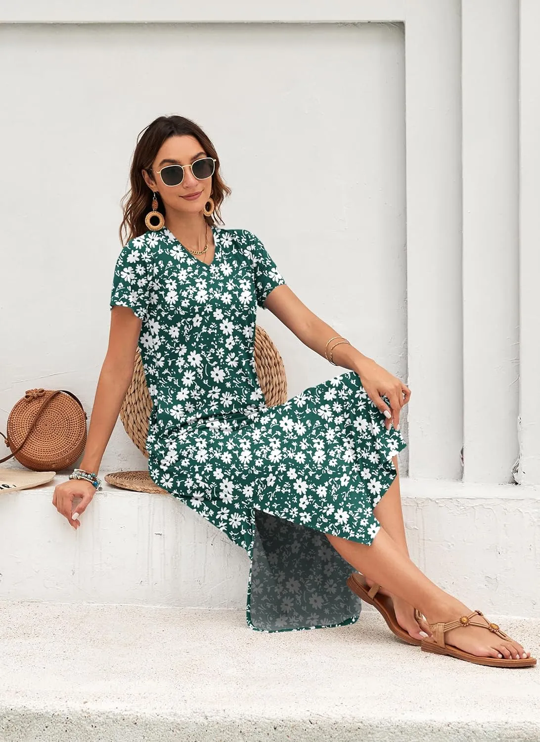 MISFAY Women Summer Midi Dresses Casual Loose Short Sleeve Dress Split Maxi Beach Sundress Travel Vacation Dress with Pockets
