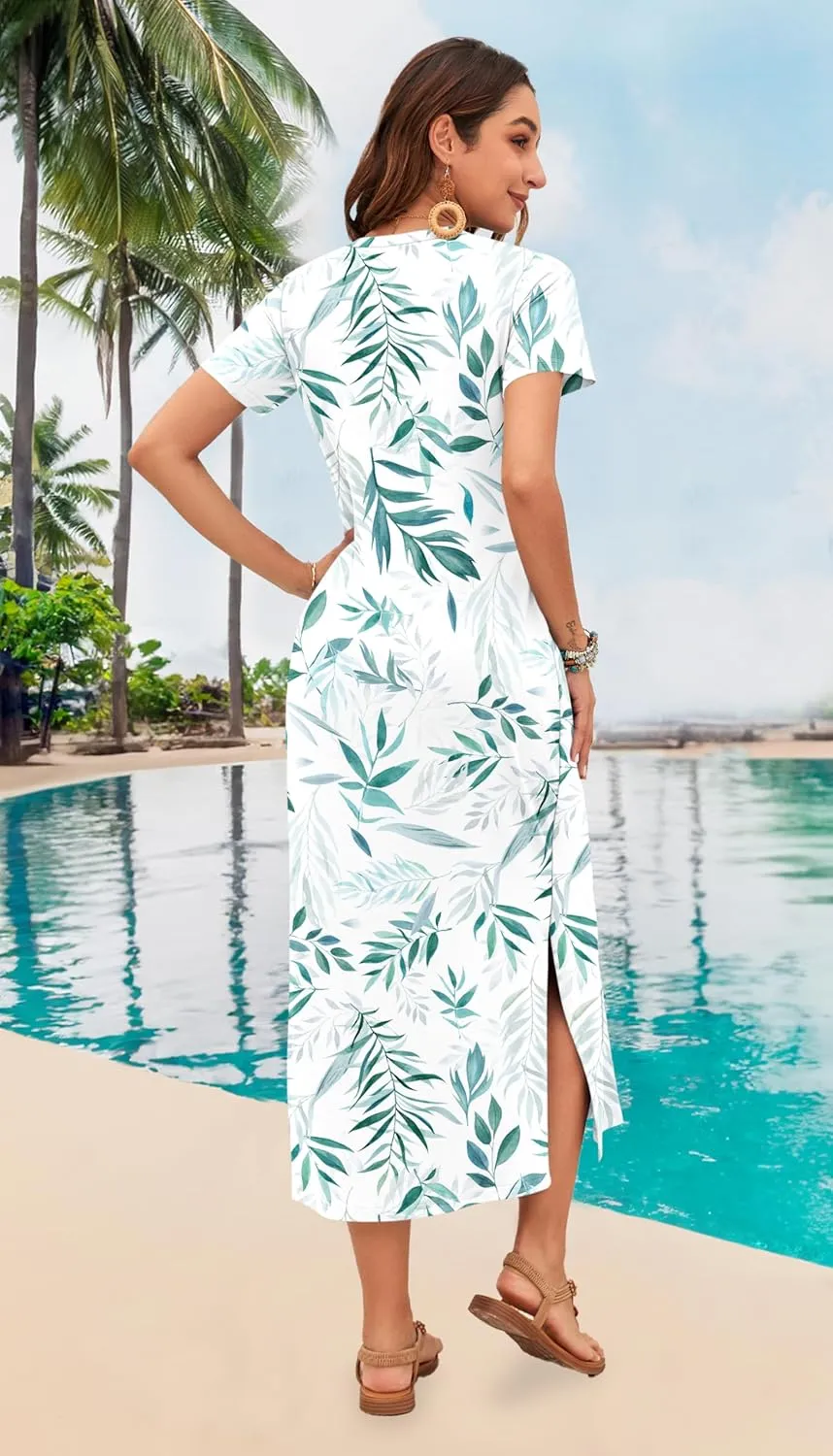 MISFAY Women Summer Midi Dresses Casual Loose Short Sleeve Dress Split Maxi Beach Sundress Travel Vacation Dress with Pockets