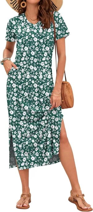 MISFAY Women Summer Midi Dresses Casual Loose Short Sleeve Dress Split Maxi Beach Sundress Travel Vacation Dress with Pockets
