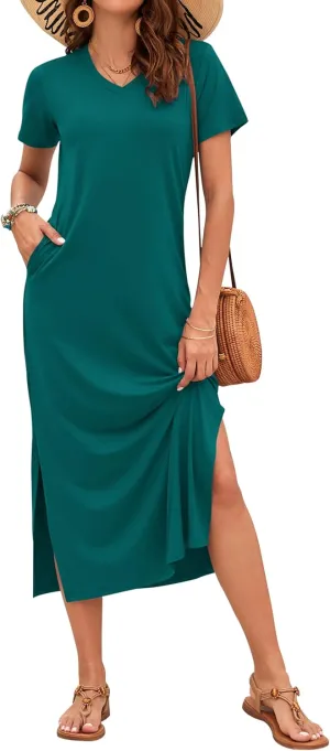 MISFAY Women Summer Midi Dresses Casual Loose Short Sleeve Dress Split Maxi Beach Sundress Travel Vacation Dress with Pockets