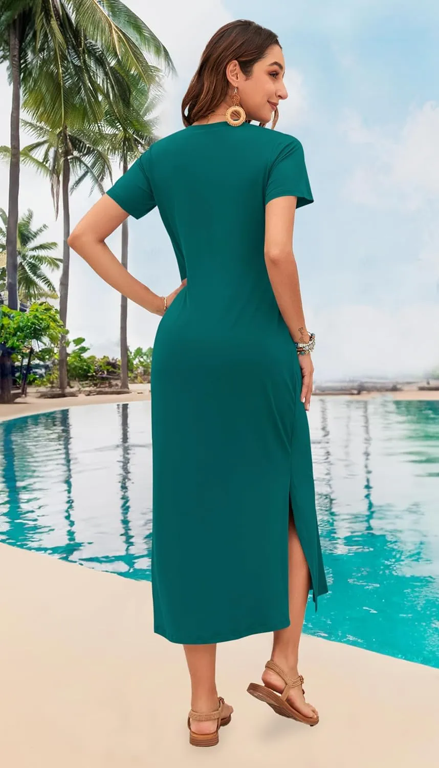 MISFAY Women Summer Midi Dresses Casual Loose Short Sleeve Dress Split Maxi Beach Sundress Travel Vacation Dress with Pockets