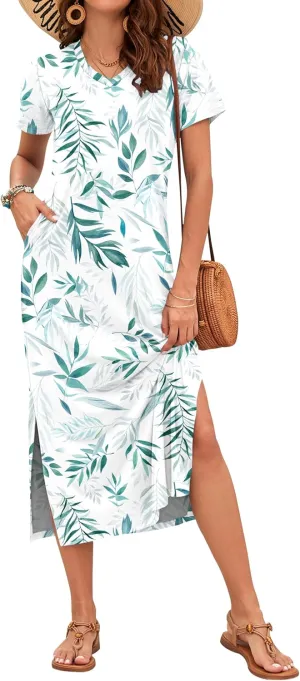 MISFAY Women Summer Midi Dresses Casual Loose Short Sleeve Dress Split Maxi Beach Sundress Travel Vacation Dress with Pockets