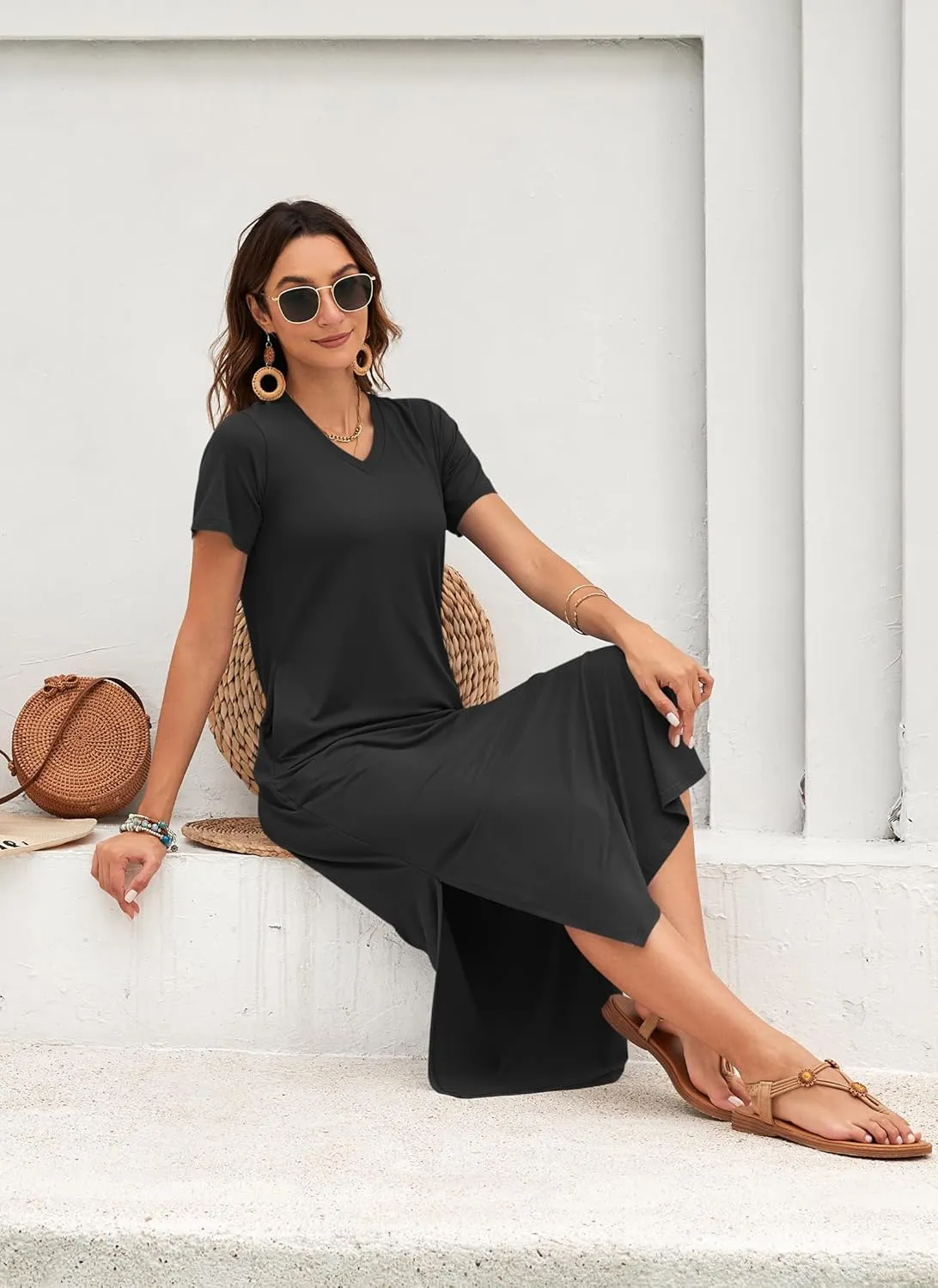MISFAY Women Summer Midi Dresses Casual Loose Short Sleeve Dress Split Maxi Beach Sundress Travel Vacation Dress with Pockets