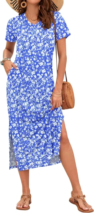 MISFAY Women Summer Midi Dresses Casual Loose Short Sleeve Dress Split Maxi Beach Sundress Travel Vacation Dress with Pockets