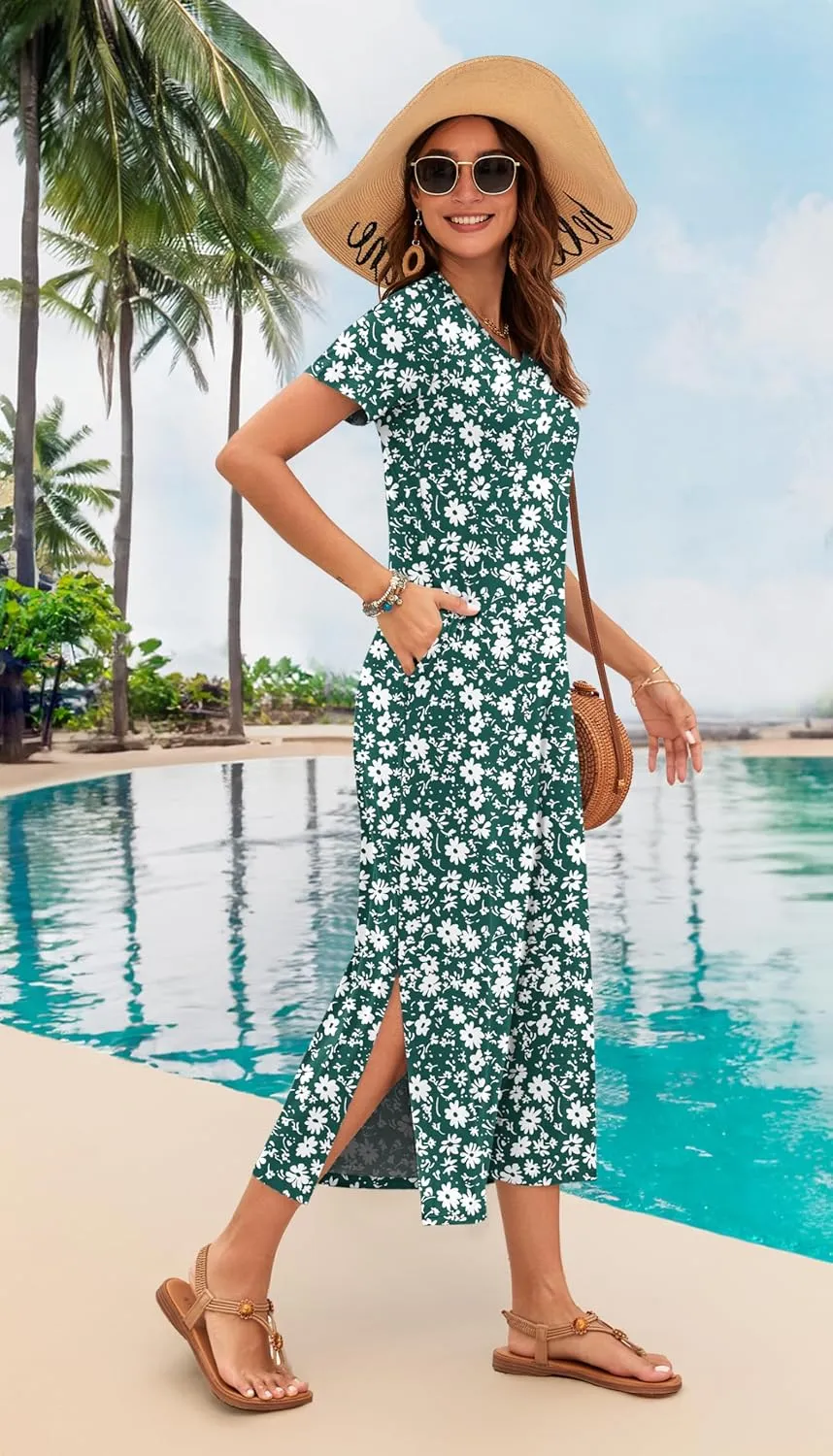 MISFAY Women Summer Midi Dresses Casual Loose Short Sleeve Dress Split Maxi Beach Sundress Travel Vacation Dress with Pockets
